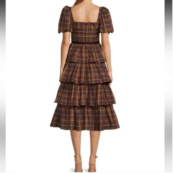 Antonio Melani Maisie Plaid Print Square Neck Puff Sleeve Ruffle Midi Dress - Picture 2 of 13